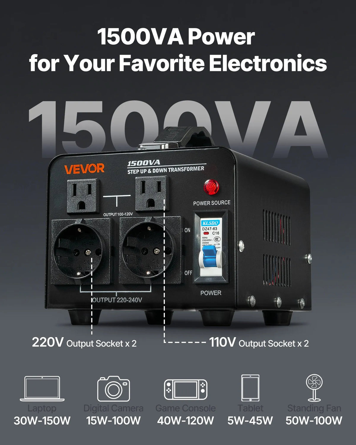 VEVOR sprieguma pārveidotājs transformators 1500 VA ar 110 V uz 220 V un 220 V uz 110 V pārveidošanu, ar US un EU ligzdām, barošanas kabeli un automātisko drošinātāja aizsardzību - ZEMLETES.LV