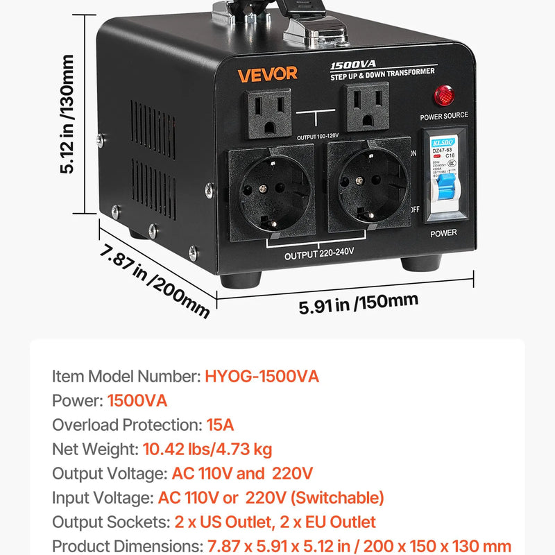 VEVOR sprieguma pārveidotājs transformators 1500 VA ar 110 V uz 220 V un 220 V uz 110 V pārveidošanu, ar US un EU ligzdām, barošanas kabeli un automātisko drošinātāja aizsardzību - ZEMLETES.LV
