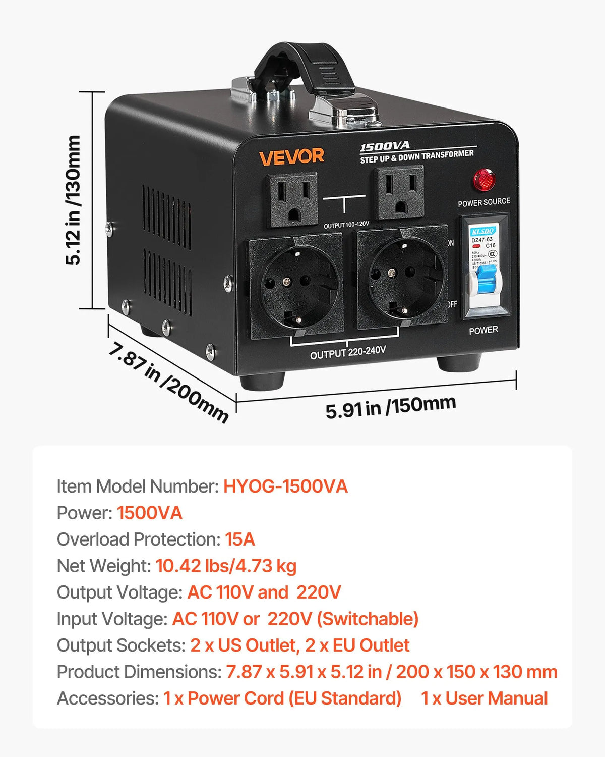 VEVOR sprieguma pārveidotājs transformators 1500 VA ar 110 V uz 220 V un 220 V uz 110 V pārveidošanu, ar US un EU ligzdām, barošanas kabeli un automātisko drošinātāja aizsardzību - ZEMLETES.LV