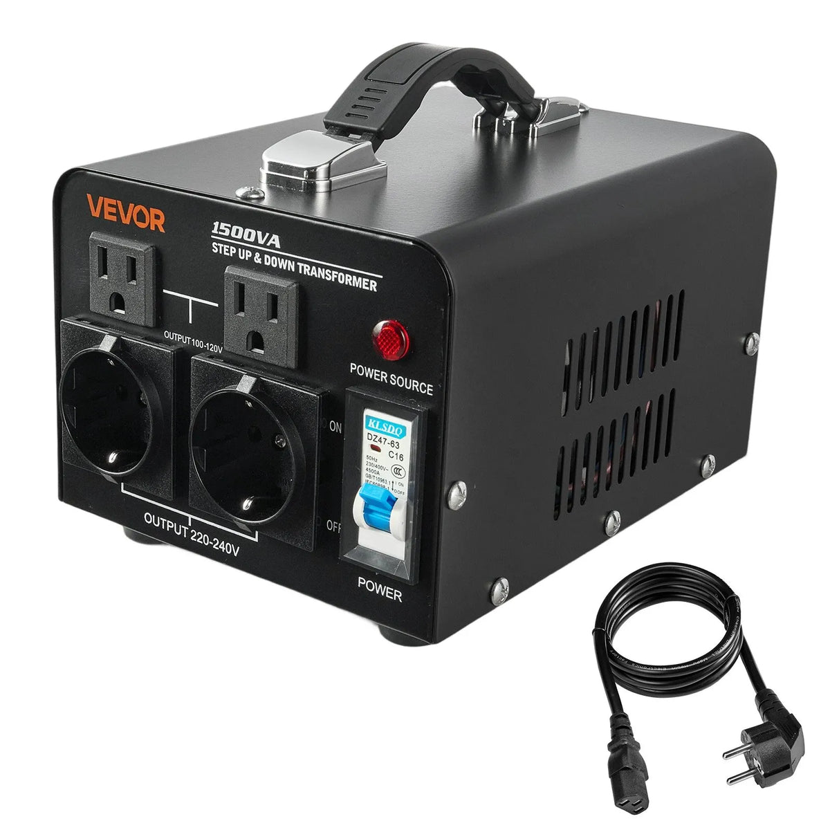 VEVOR sprieguma pārveidotājs transformators 1500 VA ar 110 V uz 220 V un 220 V uz 110 V pārveidošanu, ar US un EU ligzdām, barošanas kabeli un automātisko drošinātāja aizsardzību - ZEMLETES.LV