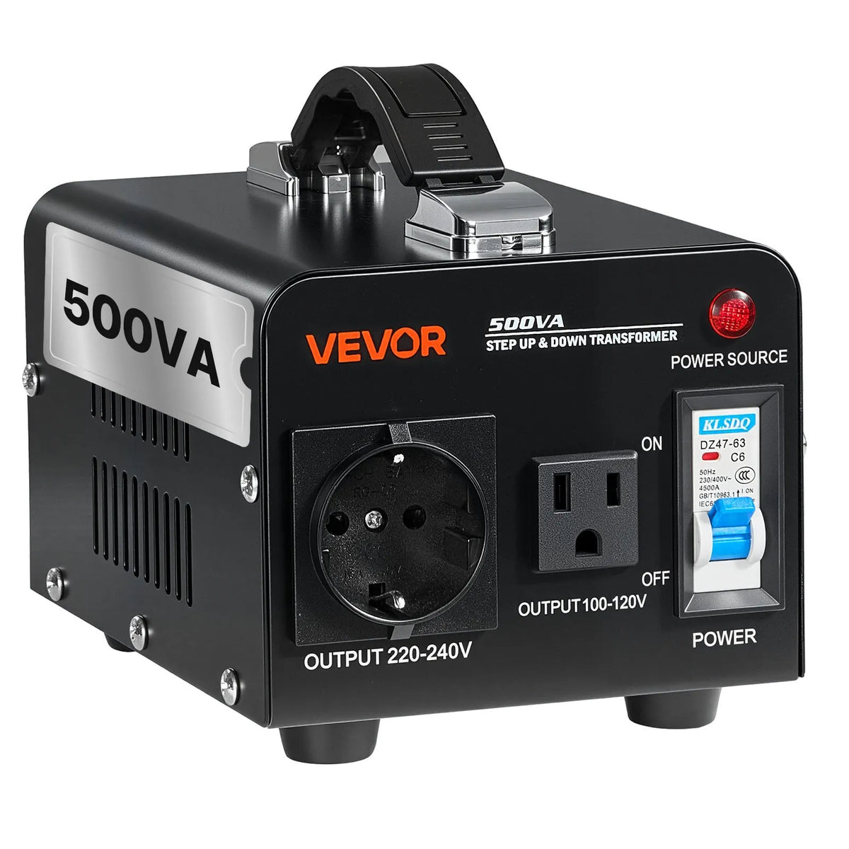 VEVOR sprieguma pārveidotājs transformators 500 VA ar 110 V uz 220 V un 220 V uz 110 V pārveidošanu, ar US un EU ligzdām, barošanas kabeli un automātisko drošinātāja aizsardzību - ZEMLETES.LV