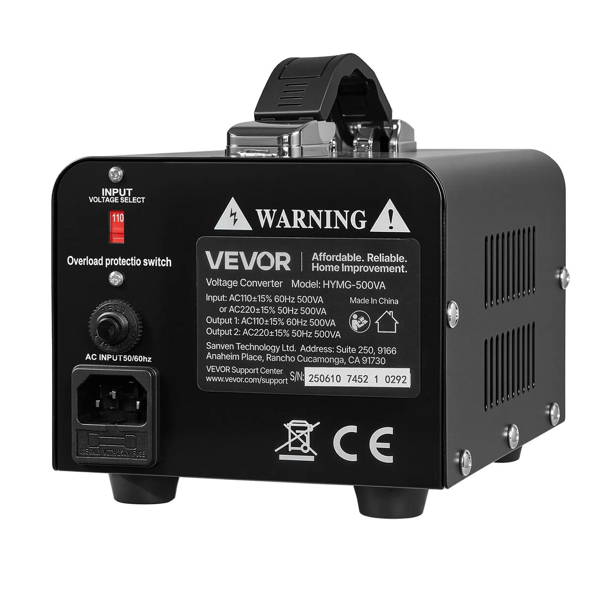 VEVOR sprieguma pārveidotājs transformators 500 VA ar 110 V uz 220 V un 220 V uz 110 V pārveidošanu, ar US un EU ligzdām, barošanas kabeli un automātisko drošinātāja aizsardzību - ZEMLETES.LV