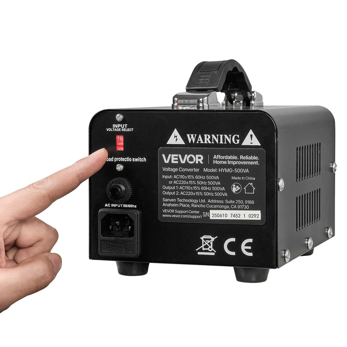 VEVOR sprieguma pārveidotājs transformators 500 VA ar 110 V uz 220 V un 220 V uz 110 V pārveidošanu, ar US un EU ligzdām, barošanas kabeli un automātisko drošinātāja aizsardzību - ZEMLETES.LV