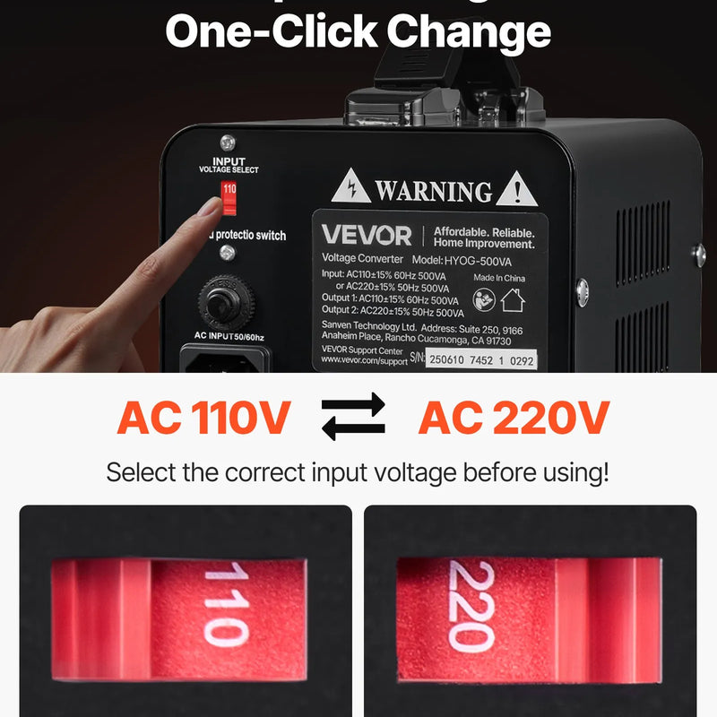 VEVOR sprieguma pārveidotājs transformators 500 VA ar 110 V uz 220 V un 220 V uz 110 V pārveidošanu, ar US un EU ligzdām, barošanas kabeli un automātisko drošinātāja aizsardzību - ZEMLETES.LV