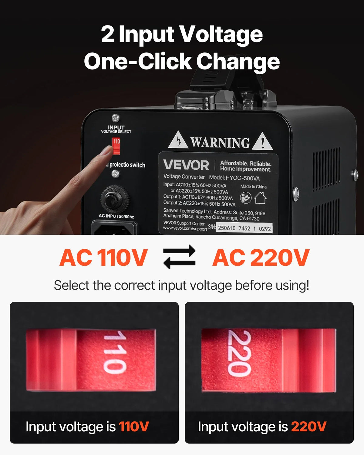 VEVOR sprieguma pārveidotājs transformators 500 VA ar 110 V uz 220 V un 220 V uz 110 V pārveidošanu, ar US un EU ligzdām, barošanas kabeli un automātisko drošinātāja aizsardzību - ZEMLETES.LV