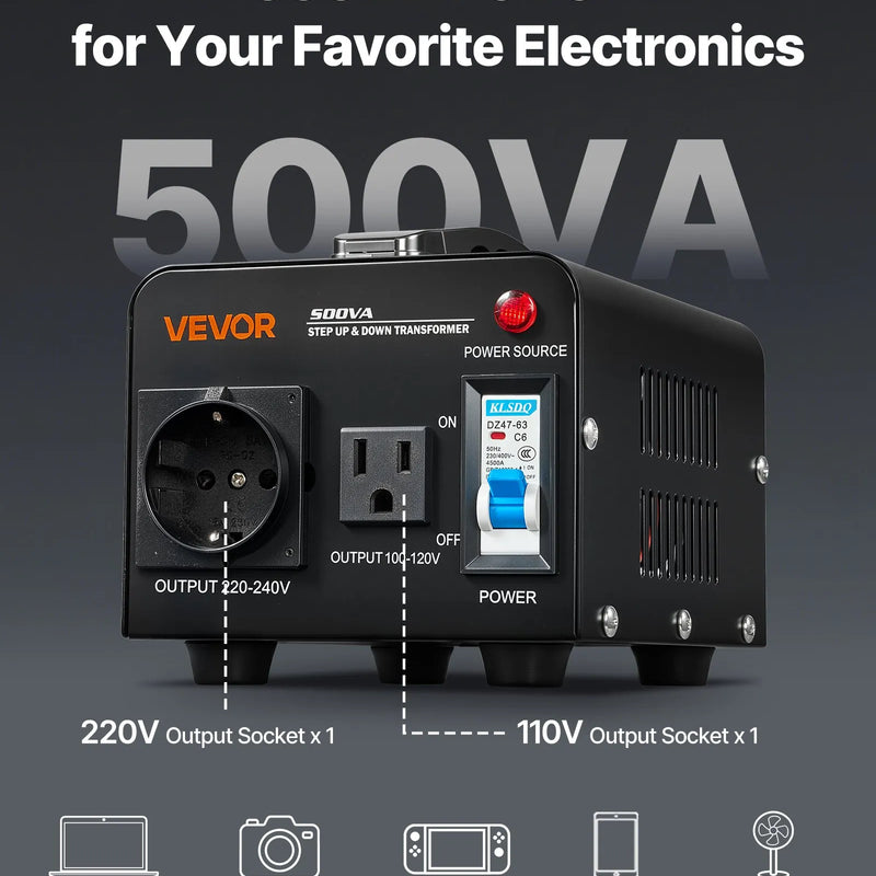 VEVOR sprieguma pārveidotājs transformators 500 VA ar 110 V uz 220 V un 220 V uz 110 V pārveidošanu, ar US un EU ligzdām, barošanas kabeli un automātisko drošinātāja aizsardzību - ZEMLETES.LV