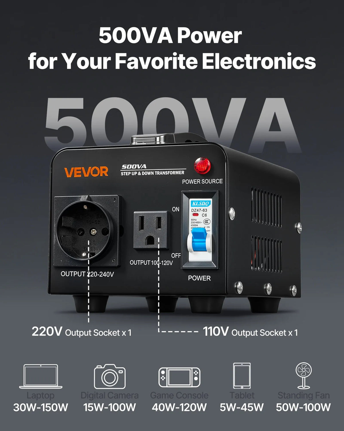 VEVOR sprieguma pārveidotājs transformators 500 VA ar 110 V uz 220 V un 220 V uz 110 V pārveidošanu, ar US un EU ligzdām, barošanas kabeli un automātisko drošinātāja aizsardzību - ZEMLETES.LV