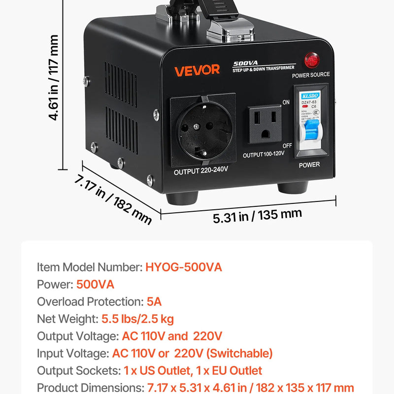 VEVOR sprieguma pārveidotājs transformators 500 VA ar 110 V uz 220 V un 220 V uz 110 V pārveidošanu, ar US un EU ligzdām, barošanas kabeli un automātisko drošinātāja aizsardzību - ZEMLETES.LV