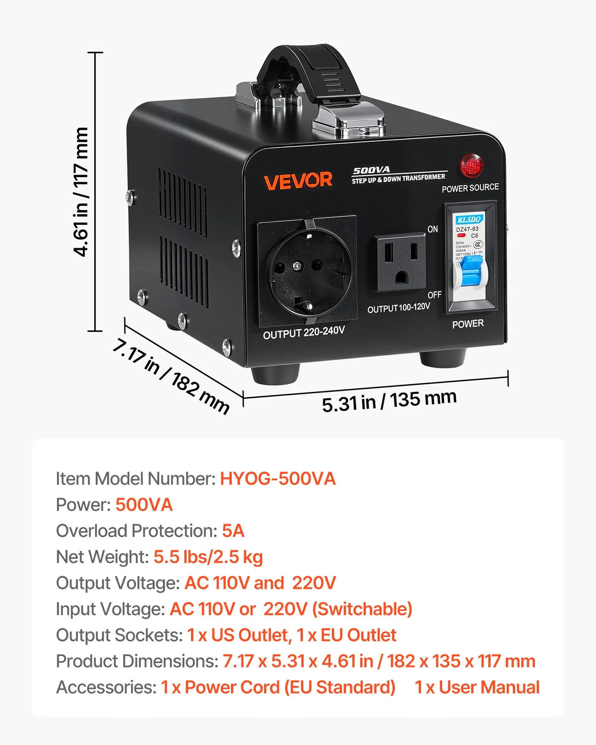 VEVOR sprieguma pārveidotājs transformators 500 VA ar 110 V uz 220 V un 220 V uz 110 V pārveidošanu, ar US un EU ligzdām, barošanas kabeli un automātisko drošinātāja aizsardzību - ZEMLETES.LV