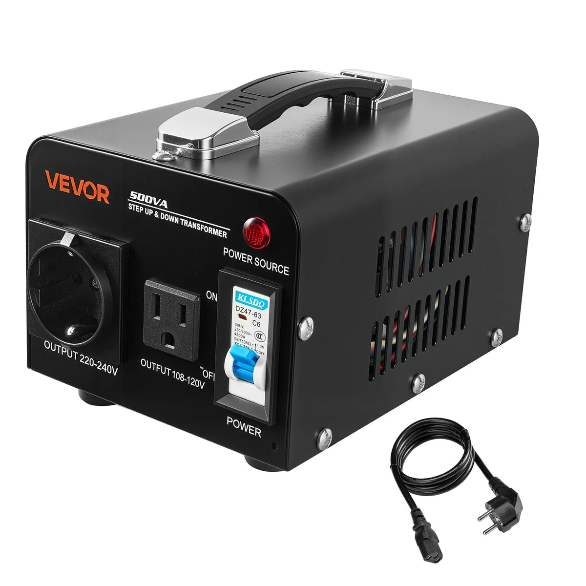 VEVOR sprieguma pārveidotājs transformators 500 VA ar 110 V uz 220 V un 220 V uz 110 V pārveidošanu, ar US un EU ligzdām, barošanas kabeli un automātisko drošinātāja aizsardzību - ZEMLETES.LV