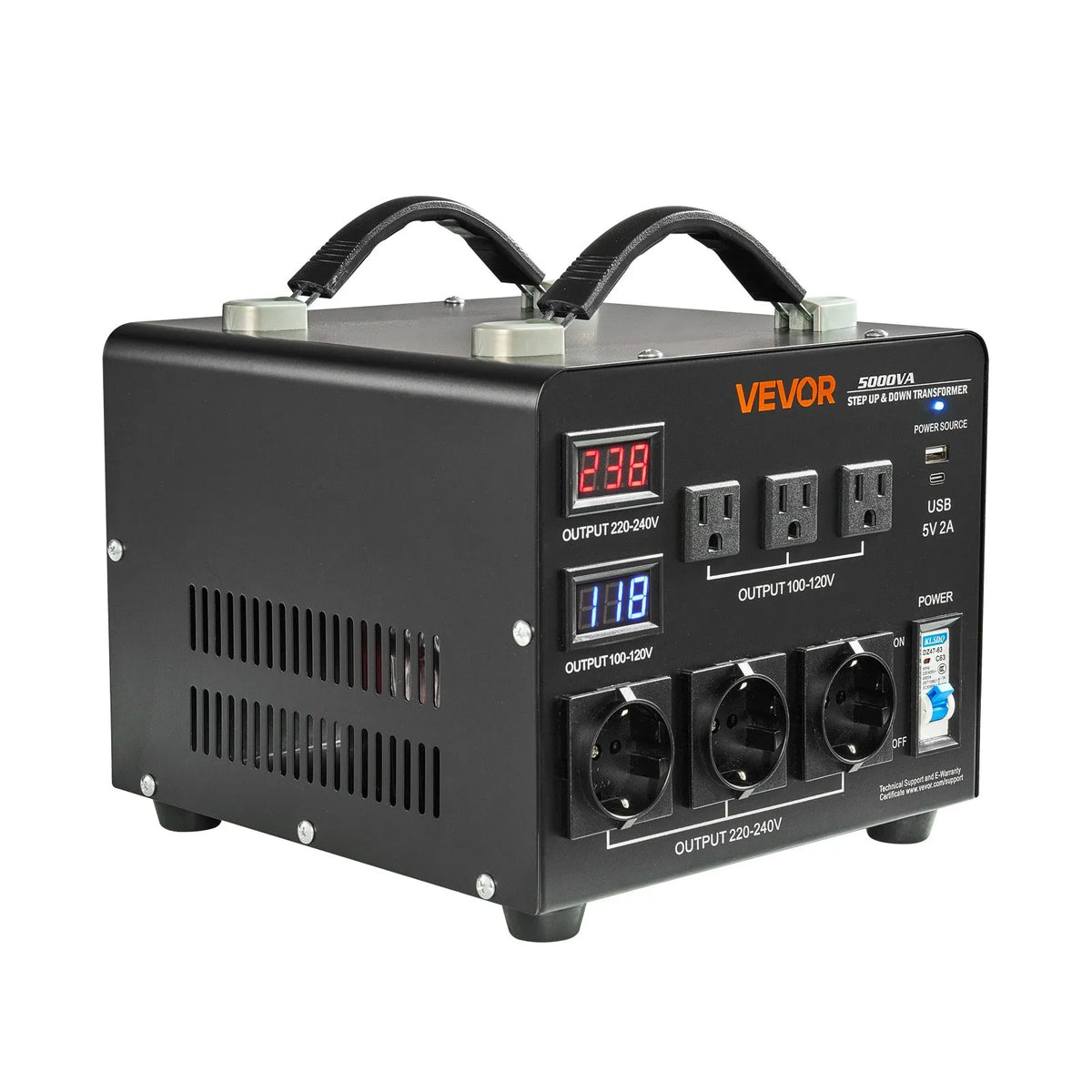 VEVOR sprieguma automātiskais pārveidotājs transformators 5000 VA ar 110 V uz 220 V un 220 V uz 110 V pārveidošanu, ar 3 US ligzdām, 3 EU ligzdām, LCD displeju un automātiskā drošinātāja aizsardzību - ZEMLETES.LV