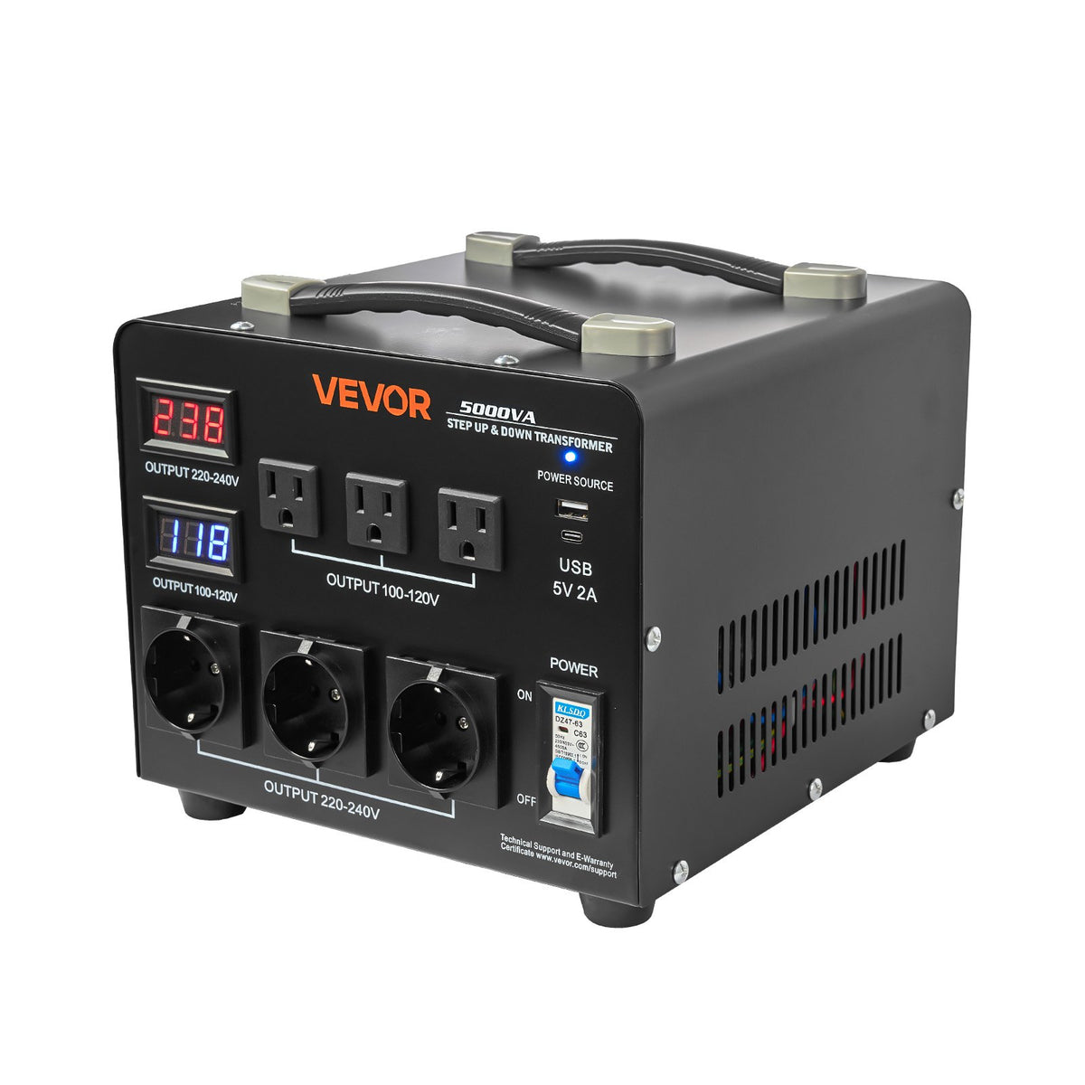 VEVOR sprieguma automātiskais pārveidotājs transformators 5000 VA ar 110 V uz 220 V un 220 V uz 110 V pārveidošanu, ar 3 US ligzdām, 3 EU ligzdām, LCD displeju un automātiskā drošinātāja aizsardzību - ZEMLETES.LV