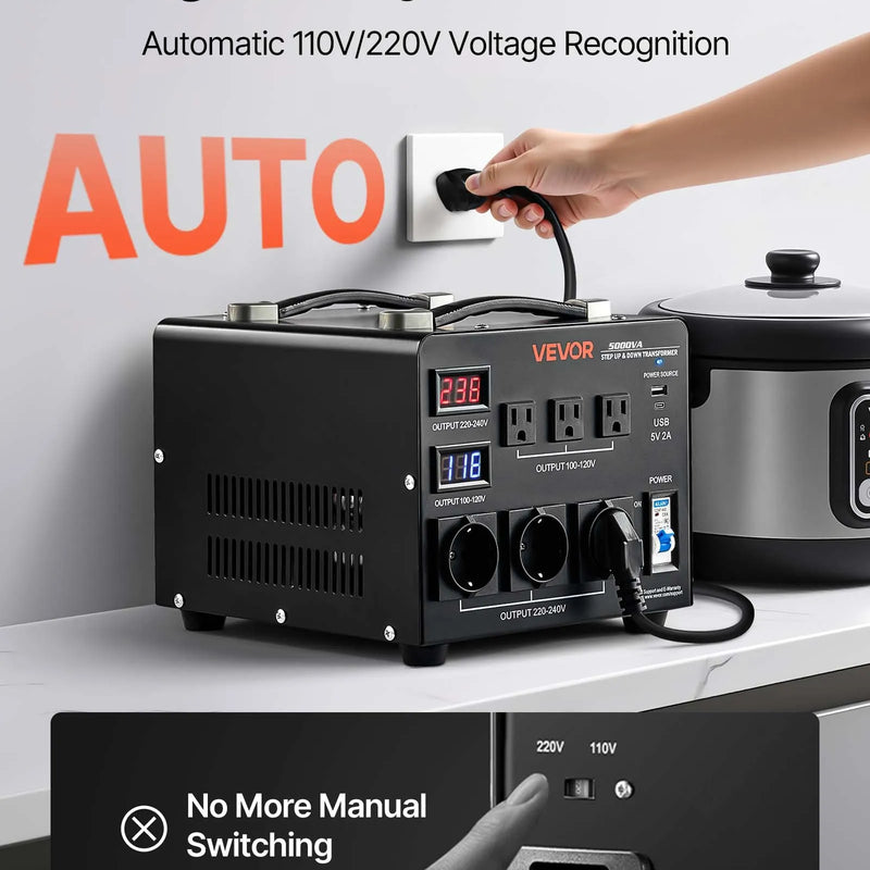 VEVOR sprieguma automātiskais pārveidotājs transformators 5000 VA ar 110 V uz 220 V un 220 V uz 110 V pārveidošanu, ar 3 US ligzdām, 3 EU ligzdām, LCD displeju un automātiskā drošinātāja aizsardzību - ZEMLETES.LV