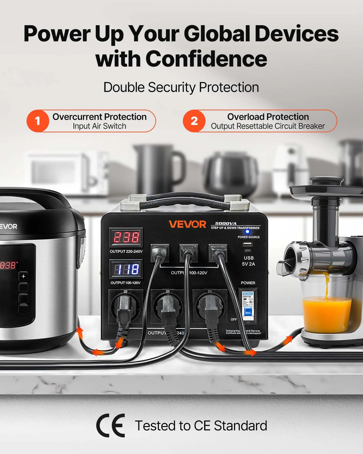 VEVOR sprieguma automātiskais pārveidotājs transformators 5000 VA ar 110 V uz 220 V un 220 V uz 110 V pārveidošanu, ar 3 US ligzdām, 3 EU ligzdām, LCD displeju un automātiskā drošinātāja aizsardzību - ZEMLETES.LV