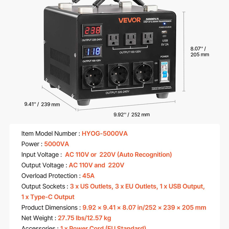 VEVOR sprieguma automātiskais pārveidotājs transformators 5000 VA ar 110 V uz 220 V un 220 V uz 110 V pārveidošanu, ar 3 US ligzdām, 3 EU ligzdām, LCD displeju un automātiskā drošinātāja aizsardzību - ZEMLETES.LV