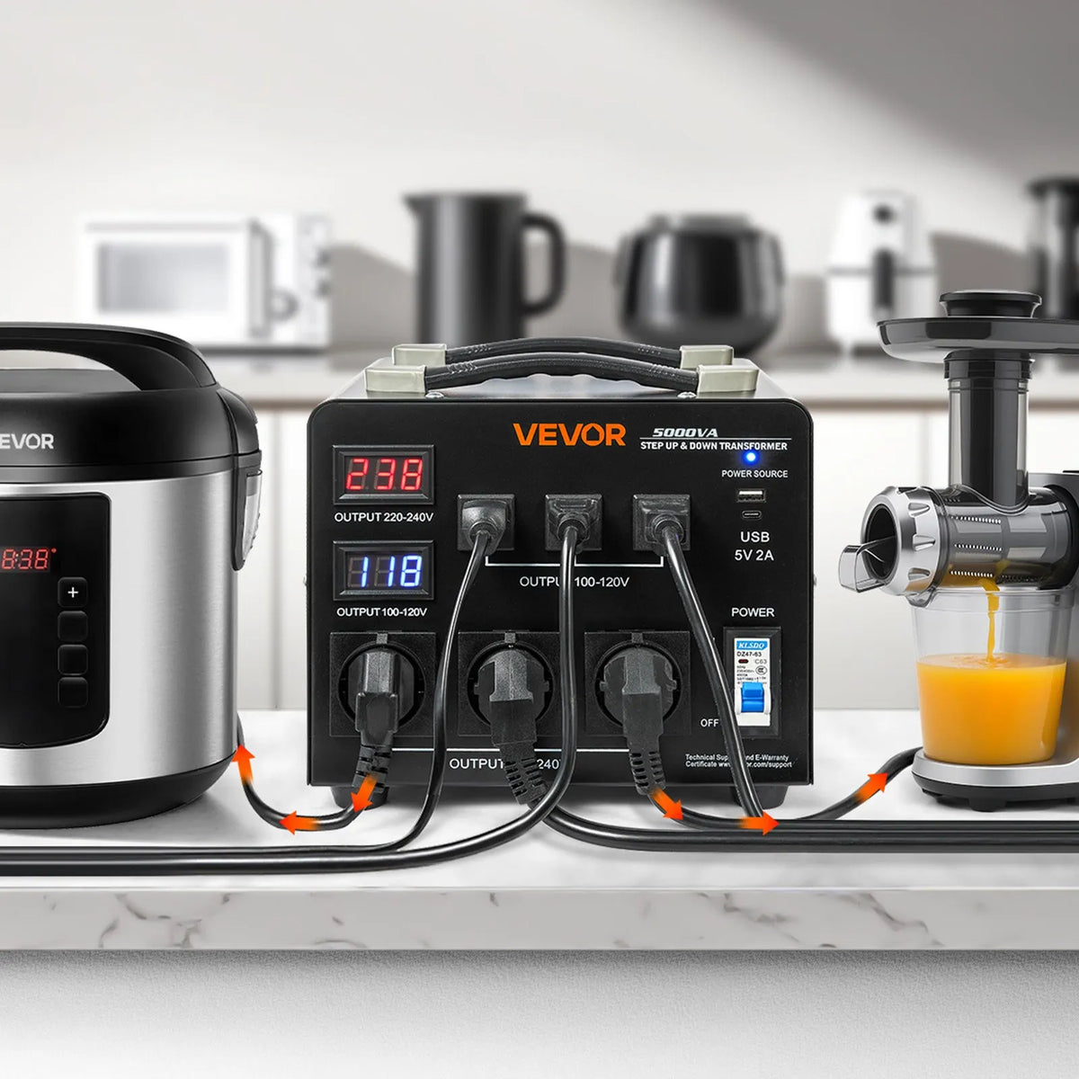VEVOR sprieguma automātiskais pārveidotājs transformators 5000 VA ar 110 V uz 220 V un 220 V uz 110 V pārveidošanu, ar 3 US ligzdām, 3 EU ligzdām, LCD displeju un automātiskā drošinātāja aizsardzību - ZEMLETES.LV