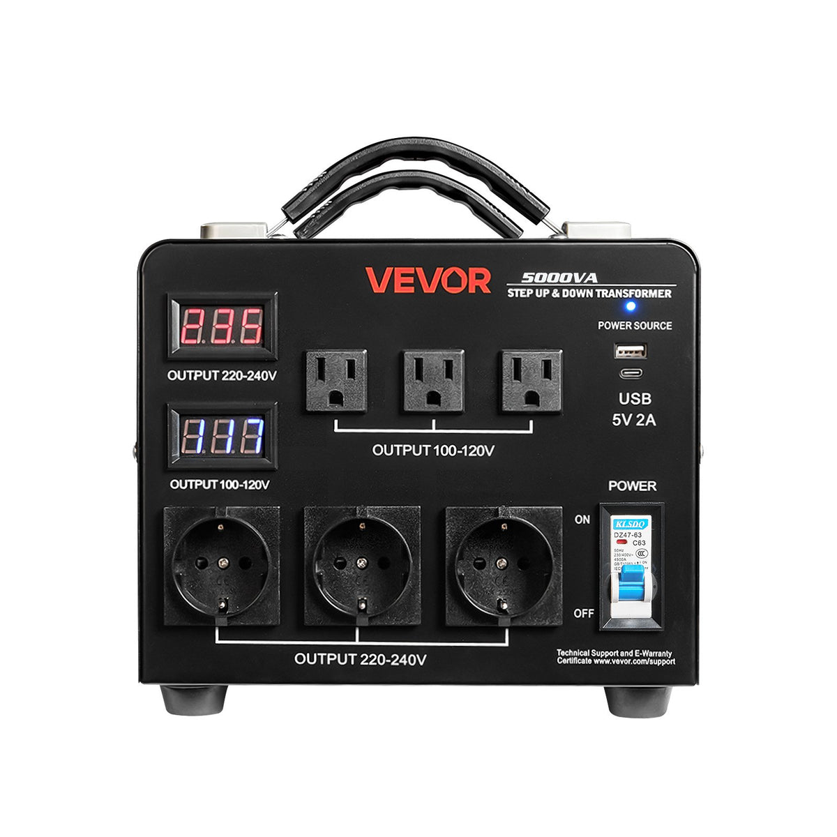 VEVOR sprieguma automātiskais pārveidotājs transformators 5000 VA ar 110 V uz 220 V un 220 V uz 110 V pārveidošanu, ar 3 US ligzdām, 3 EU ligzdām, LCD displeju un automātiskā drošinātāja aizsardzību - ZEMLETES.LV