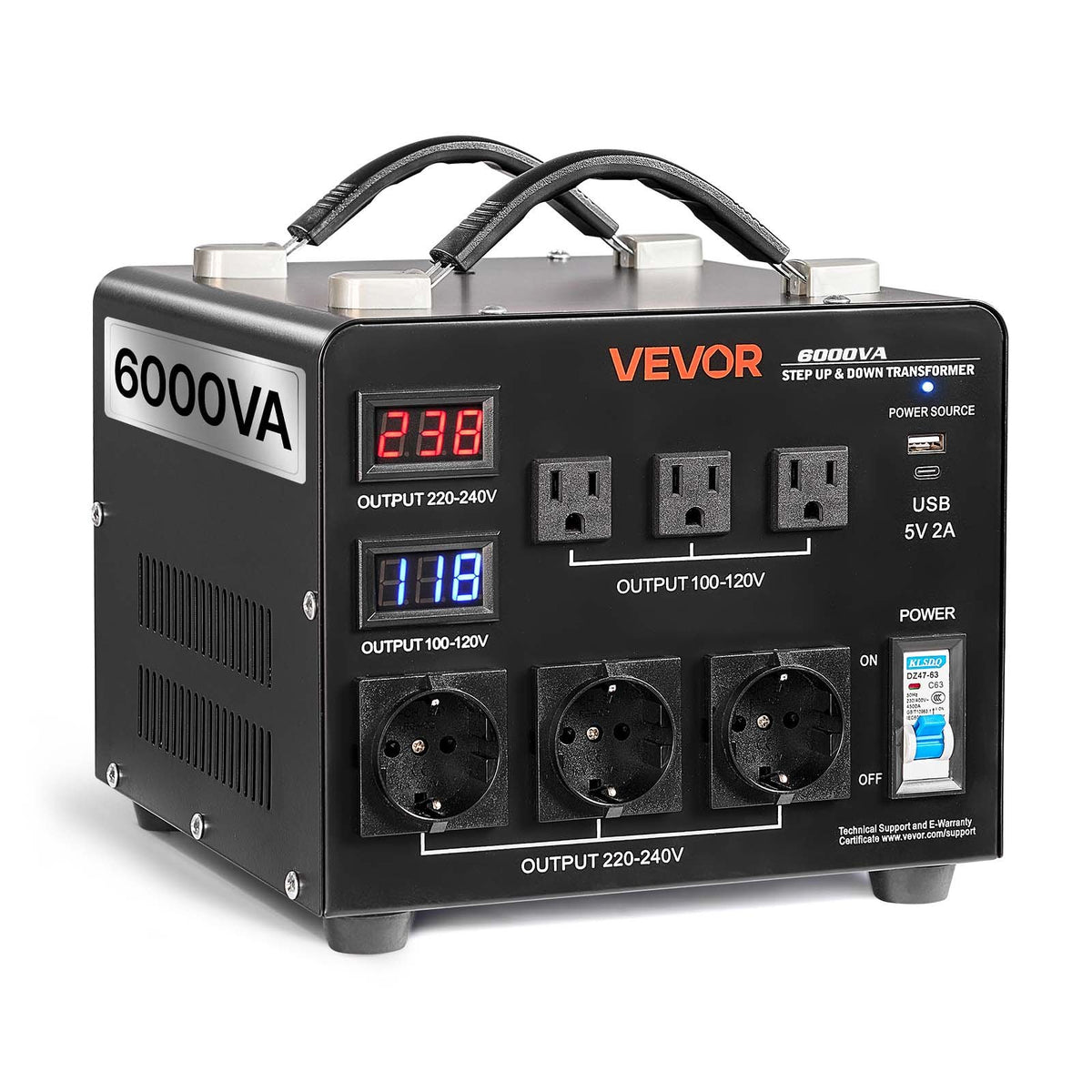 VEVOR sprieguma automātiskais pārveidotājs transformators 6000 VA, 110 V–220 V / 220 V–110 V, ar 3 US un 3 EU ligzdām, LCD displeju un ķēdes aizsardzību - ZEMLETES.LV