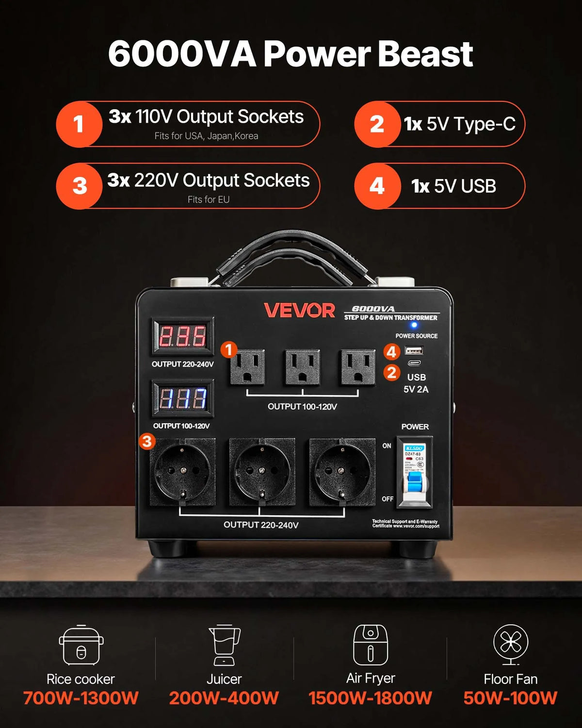 VEVOR sprieguma automātiskais pārveidotājs transformators 6000 VA, 110 V–220 V / 220 V–110 V, ar 3 US un 3 EU ligzdām, LCD displeju un ķēdes aizsardzību - ZEMLETES.LV