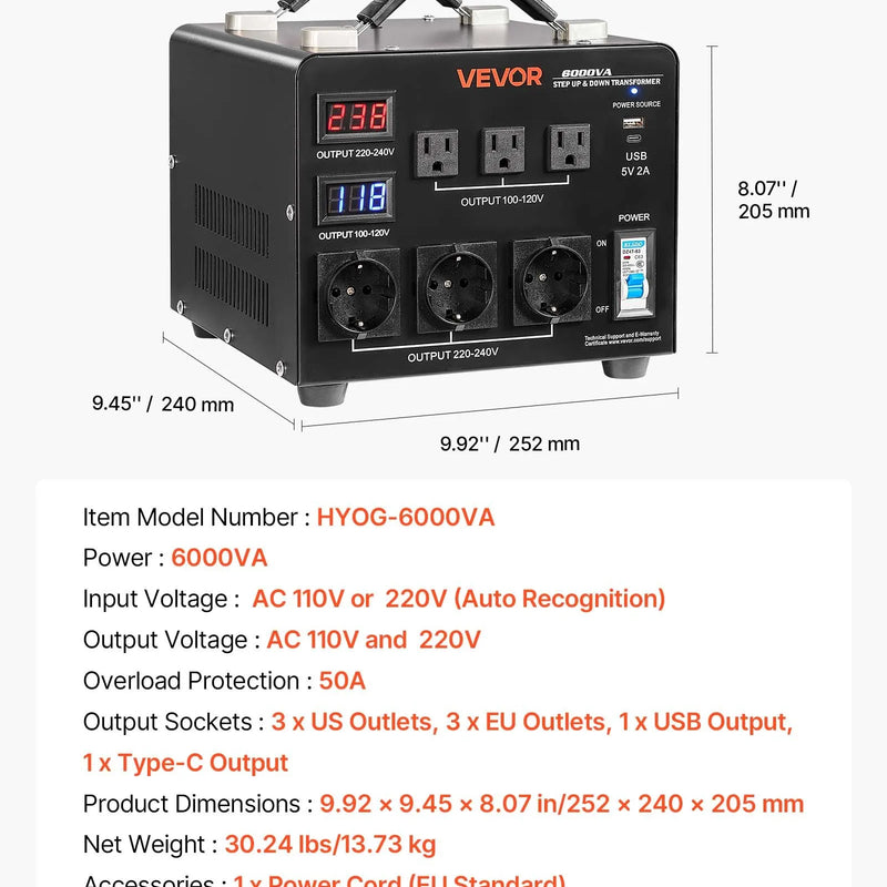 VEVOR sprieguma automātiskais pārveidotājs transformators 6000 VA, 110 V–220 V / 220 V–110 V, ar 3 US un 3 EU ligzdām, LCD displeju un ķēdes aizsardzību - ZEMLETES.LV