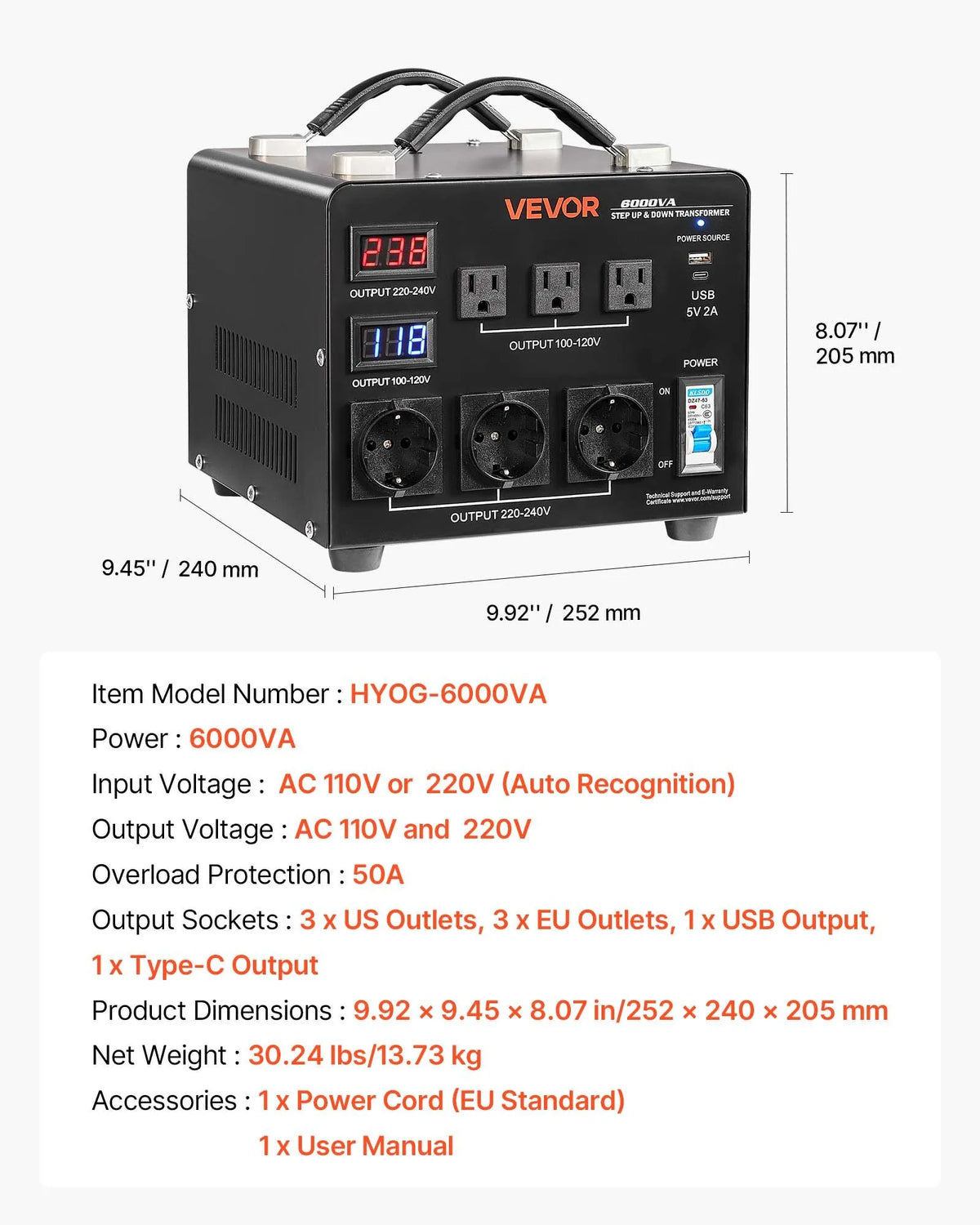 VEVOR sprieguma automātiskais pārveidotājs transformators 6000 VA, 110 V–220 V / 220 V–110 V, ar 3 US un 3 EU ligzdām, LCD displeju un ķēdes aizsardzību - ZEMLETES.LV