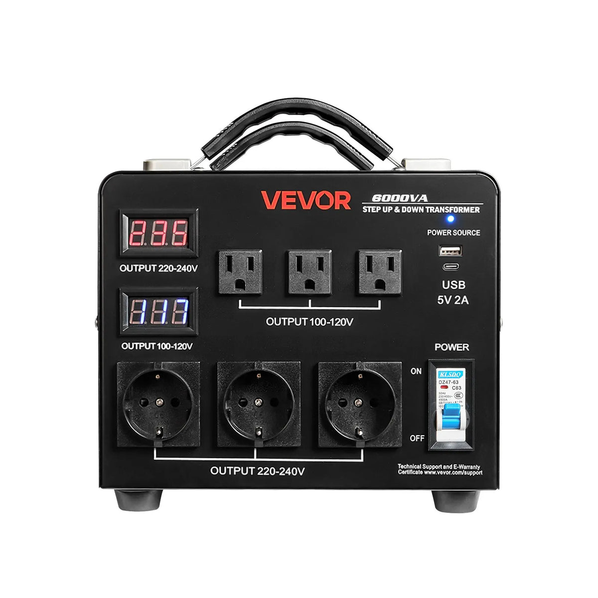 VEVOR sprieguma automātiskais pārveidotājs transformators 6000 VA, 110 V–220 V / 220 V–110 V, ar 3 US un 3 EU ligzdām, LCD displeju un ķēdes aizsardzību - ZEMLETES.LV