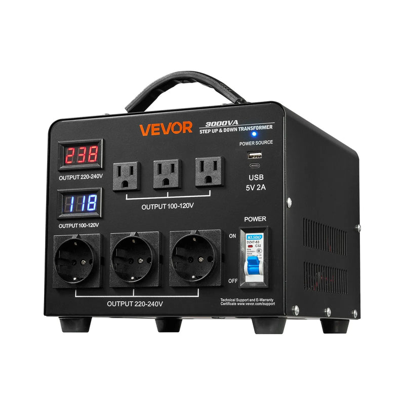 VEVOR sprieguma automātiskais pārveidotājs transformators 3000 VA ar 110 V uz 220 V un 220 V uz 110 V pārveidošanu, ar 3 US ligzdām, 3 EU ligzdām, LCD displeju un automātiskā drošinātāja aizsardzību - ZEMLETES.LV