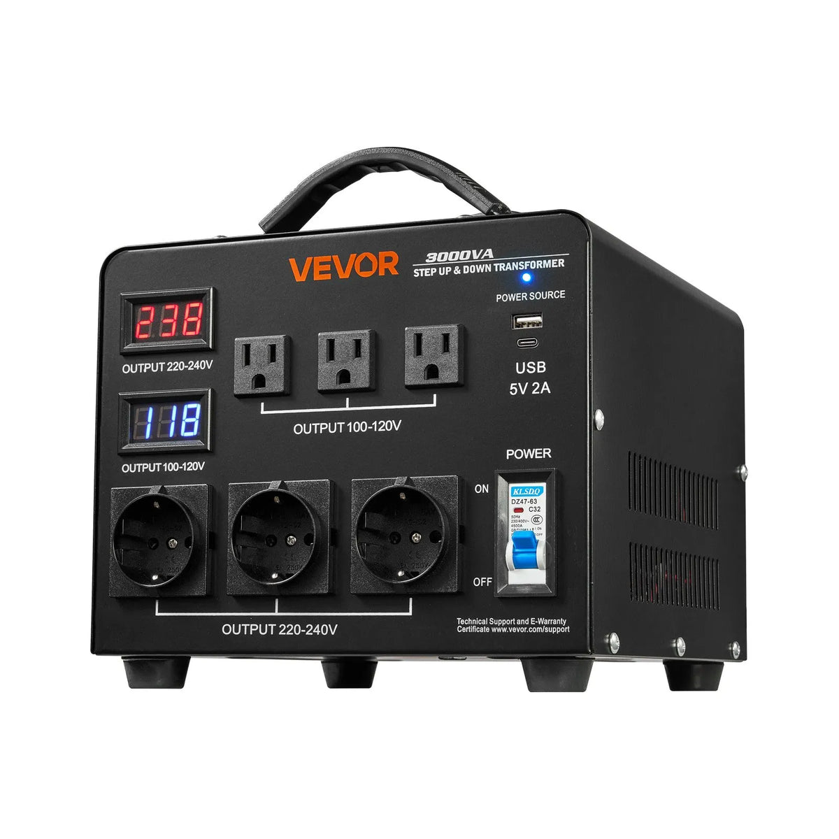 VEVOR sprieguma automātiskais pārveidotājs transformators 3000 VA ar 110 V uz 220 V un 220 V uz 110 V pārveidošanu, ar 3 US ligzdām, 3 EU ligzdām, LCD displeju un automātiskā drošinātāja aizsardzību - ZEMLETES.LV