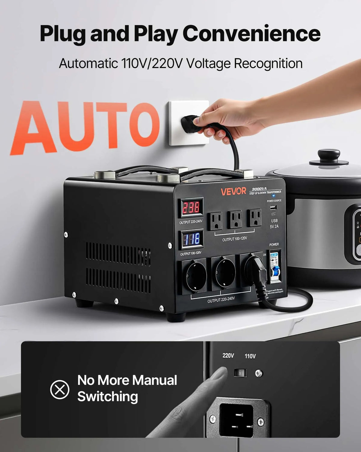 VEVOR sprieguma automātiskais pārveidotājs transformators 3000 VA ar 110 V uz 220 V un 220 V uz 110 V pārveidošanu, ar 3 US ligzdām, 3 EU ligzdām, LCD displeju un automātiskā drošinātāja aizsardzību - ZEMLETES.LV