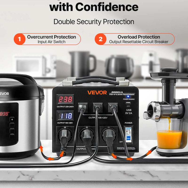 VEVOR sprieguma automātiskais pārveidotājs transformators 3000 VA ar 110 V uz 220 V un 220 V uz 110 V pārveidošanu, ar 3 US ligzdām, 3 EU ligzdām, LCD displeju un automātiskā drošinātāja aizsardzību - ZEMLETES.LV