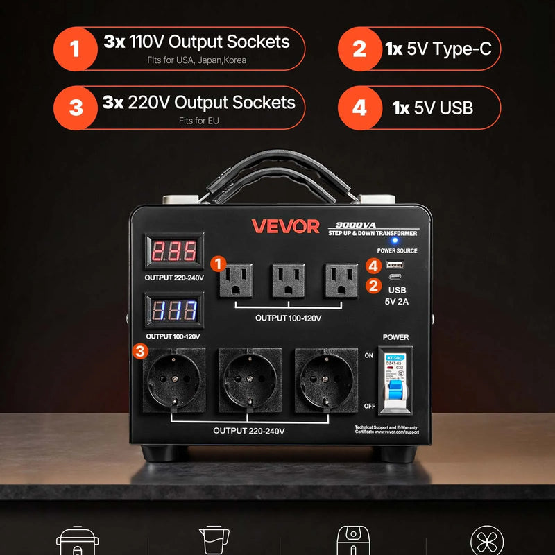 VEVOR sprieguma automātiskais pārveidotājs transformators 3000 VA ar 110 V uz 220 V un 220 V uz 110 V pārveidošanu, ar 3 US ligzdām, 3 EU ligzdām, LCD displeju un automātiskā drošinātāja aizsardzību - ZEMLETES.LV