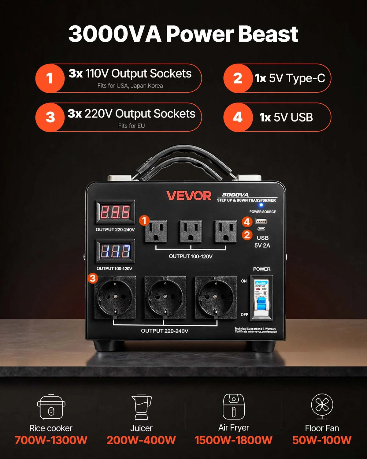 VEVOR sprieguma automātiskais pārveidotājs transformators 3000 VA ar 110 V uz 220 V un 220 V uz 110 V pārveidošanu, ar 3 US ligzdām, 3 EU ligzdām, LCD displeju un automātiskā drošinātāja aizsardzību - ZEMLETES.LV