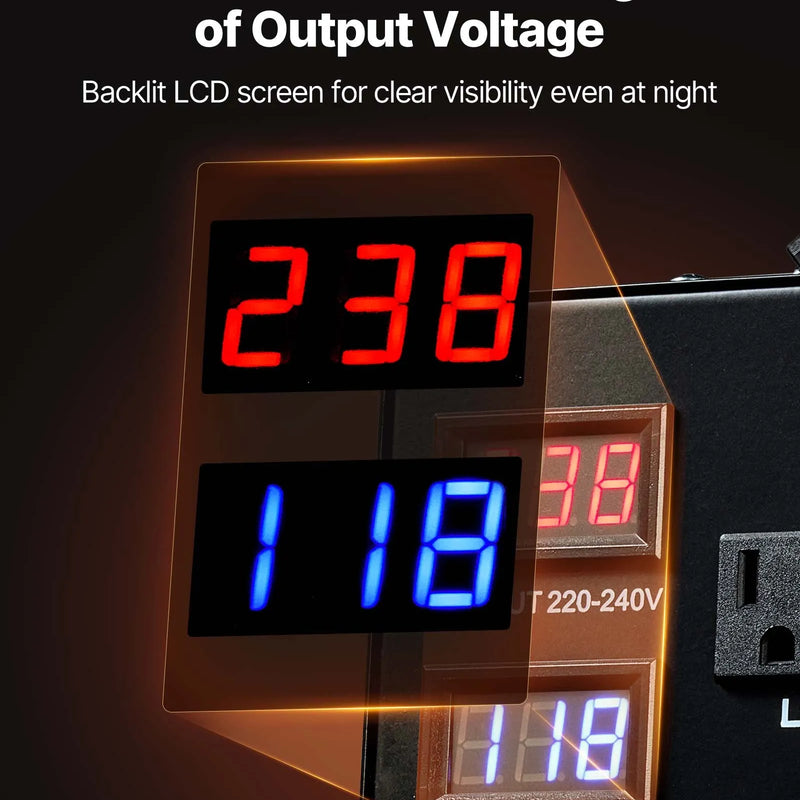 VEVOR sprieguma automātiskais pārveidotājs transformators 3000 VA ar 110 V uz 220 V un 220 V uz 110 V pārveidošanu, ar 3 US ligzdām, 3 EU ligzdām, LCD displeju un automātiskā drošinātāja aizsardzību - ZEMLETES.LV