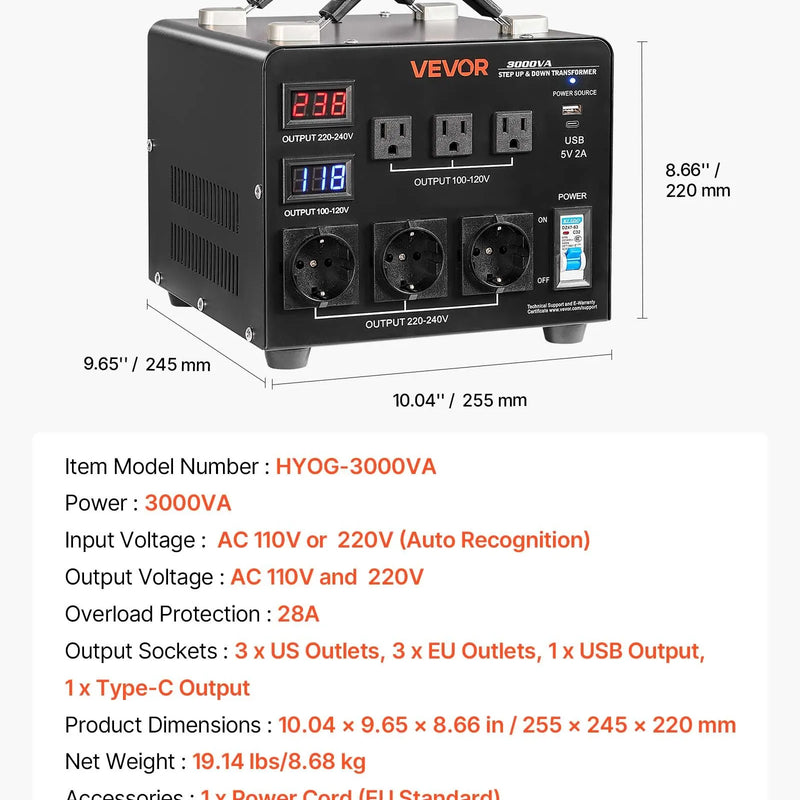 VEVOR sprieguma automātiskais pārveidotājs transformators 3000 VA ar 110 V uz 220 V un 220 V uz 110 V pārveidošanu, ar 3 US ligzdām, 3 EU ligzdām, LCD displeju un automātiskā drošinātāja aizsardzību - ZEMLETES.LV