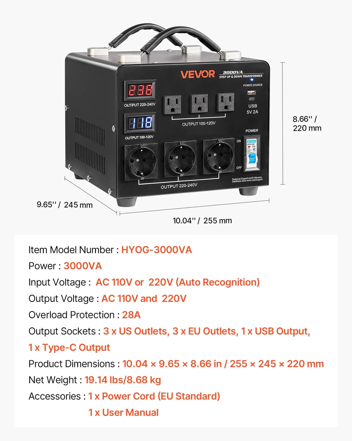 VEVOR sprieguma automātiskais pārveidotājs transformators 3000 VA ar 110 V uz 220 V un 220 V uz 110 V pārveidošanu, ar 3 US ligzdām, 3 EU ligzdām, LCD displeju un automātiskā drošinātāja aizsardzību - ZEMLETES.LV