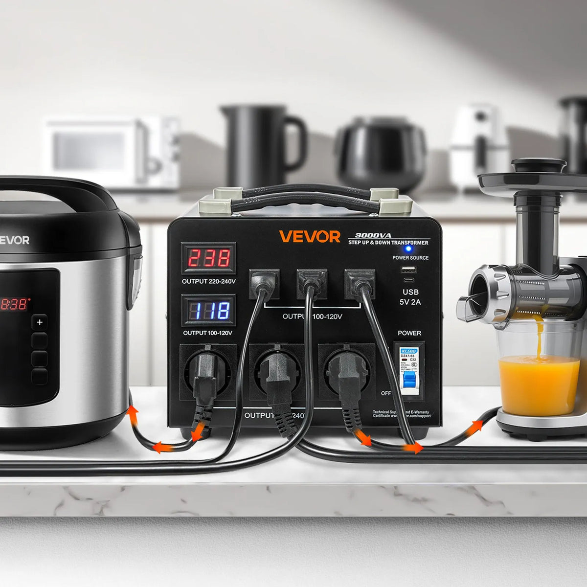 VEVOR sprieguma automātiskais pārveidotājs transformators 3000 VA ar 110 V uz 220 V un 220 V uz 110 V pārveidošanu, ar 3 US ligzdām, 3 EU ligzdām, LCD displeju un automātiskā drošinātāja aizsardzību - ZEMLETES.LV