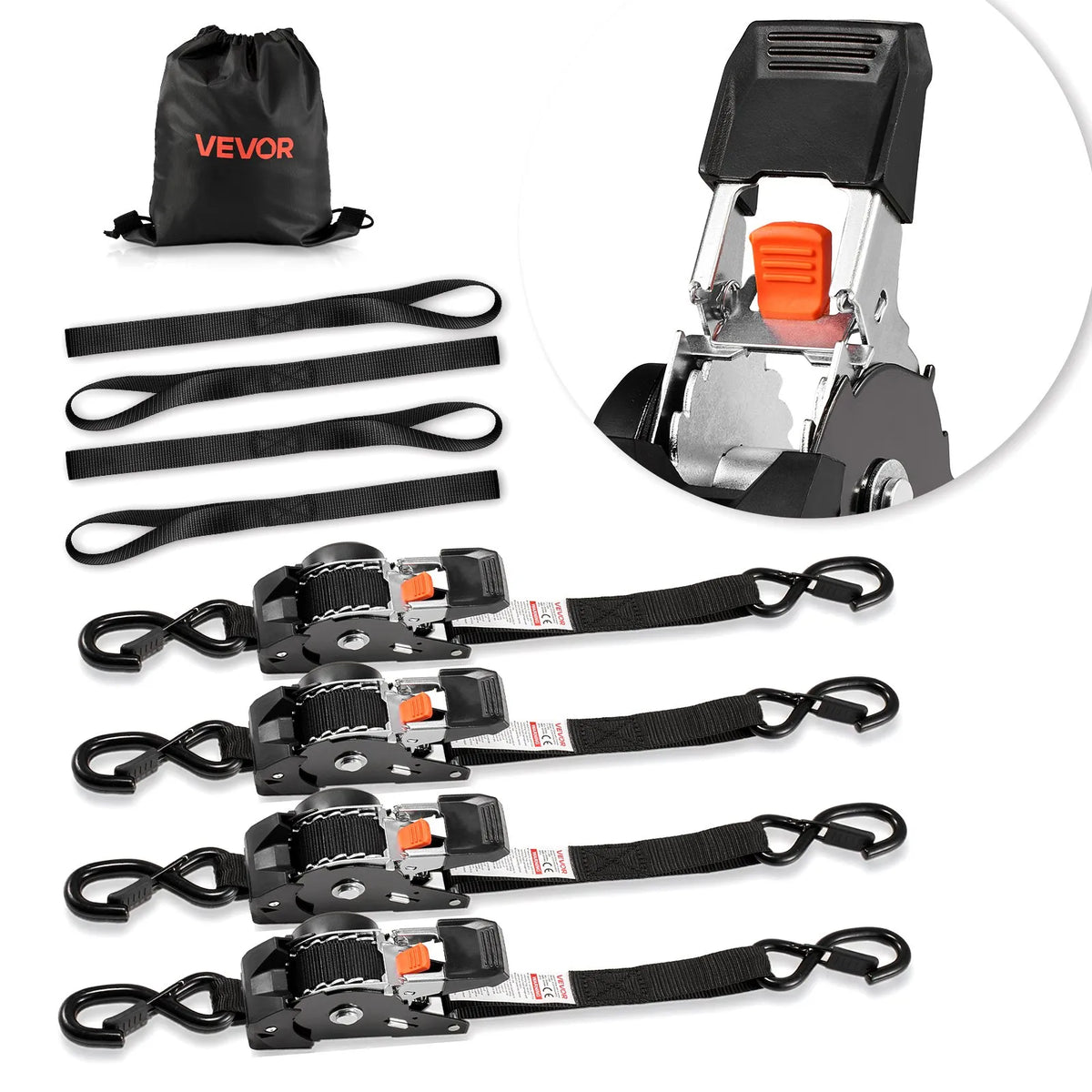 VEVOR Ratchet Tie-Down Straps 25.4 mm × 3 m with S-Hooks, Breaking Strength 544 kg, 4 Soft Loops, Cargo Securing for Transport, Trailers, Motorcycles, Kayaks and Car Roof, 4 Pack