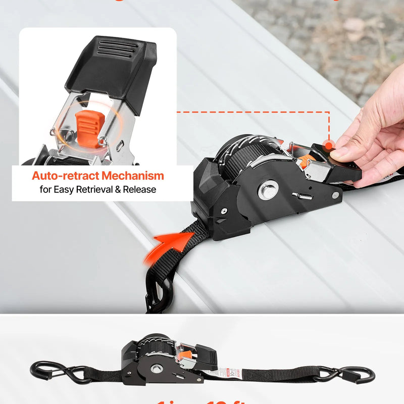 VEVOR ievelkamas sprūdrata nostiprināšanas siksnas 25,4 mm × 3 m ar S veida āķiem, pārrāvuma slodze 544 kg, 4 mīkstās cilpas, kravu nostiprināšanai pārvadāšanā, piekabēm, motocikliem, kajakiem un auto jumtam, 4 gab.