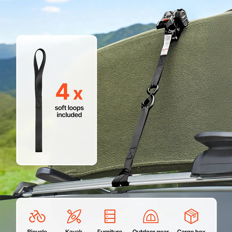 VEVOR ievelkamas sprūdrata nostiprināšanas siksnas 25,4 mm × 3 m ar S veida āķiem, pārrāvuma slodze 544 kg, 4 mīkstās cilpas, kravu nostiprināšanai pārvadāšanā, piekabēm, motocikliem, kajakiem un auto jumtam, 4 gab.