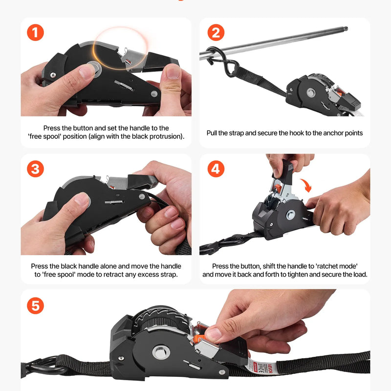 VEVOR ievelkamas sprūdrata nostiprināšanas siksnas 25,4 mm × 3 m ar S veida āķiem, pārrāvuma slodze 544 kg, 4 mīkstās cilpas, kravu nostiprināšanai pārvadāšanā, piekabēm, motocikliem, kajakiem un auto jumtam, 4 gab.
