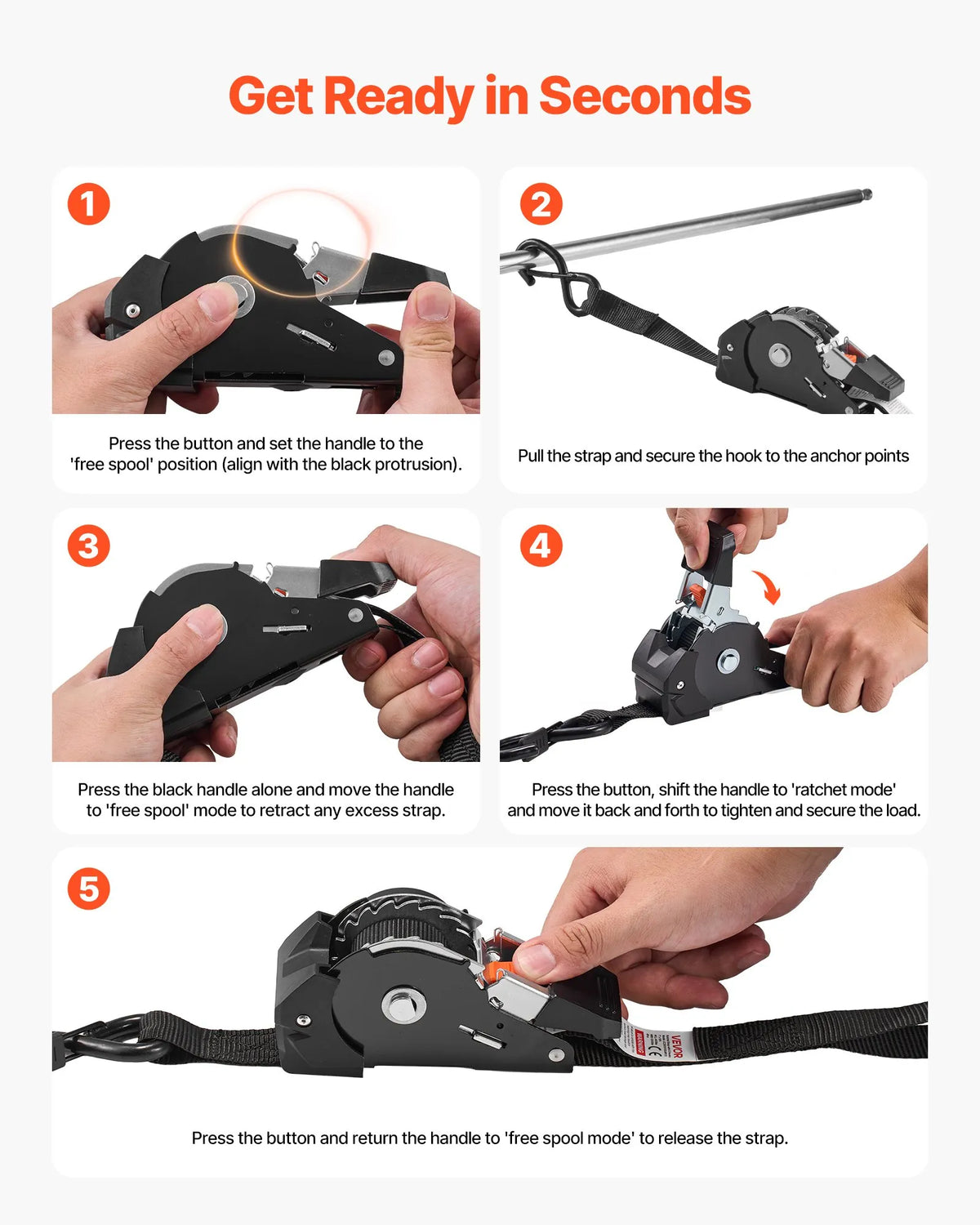 VEVOR Ratchet Tie-Down Straps 25.4 mm × 3 m with S-Hooks, Breaking Strength 544 kg, 4 Soft Loops, Cargo Securing for Transport, Trailers, Motorcycles, Kayaks and Car Roof, 4 Pack