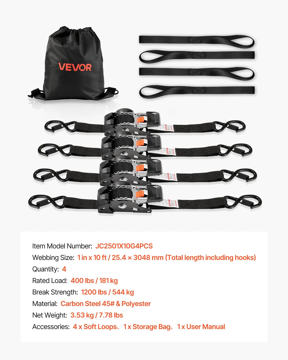 VEVOR Ratchet Tie-Down Straps 25.4 mm × 3 m with S-Hooks, Breaking Strength 544 kg, 4 Soft Loops, Cargo Securing for Transport, Trailers, Motorcycles, Kayaks and Car Roof, 4 Pack