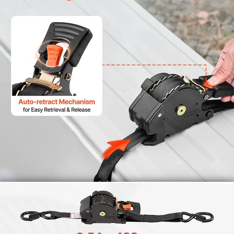 VEVOR ievelkamas sprūdrata stiprinājuma siksnas, 25,4 mm × 4,9 m, ar S veida āķiem, pārrāvuma izturība 700 kg, ar pārnēsāšanas somu, kravas nostiprināšanai pārvadāšanā, piekabēs, motocikliem, kajakiem un uz auto jumta, 4 gab. komplekts