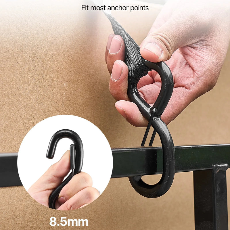 VEVOR ievelkamas sprūdrata stiprinājuma siksnas, 25,4 mm × 4,9 m, ar S veida āķiem, pārrāvuma izturība 700 kg, ar pārnēsāšanas somu, kravas nostiprināšanai pārvadāšanā, piekabēs, motocikliem, kajakiem un uz auto jumta, 4 gab. komplekts