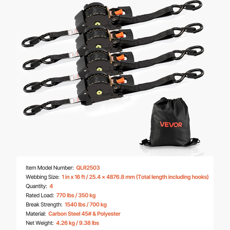 VEVOR ievelkamas sprūdrata stiprinājuma siksnas, 25,4 mm × 4,9 m, ar S veida āķiem, pārrāvuma izturība 700 kg, ar pārnēsāšanas somu, kravas nostiprināšanai pārvadāšanā, piekabēs, motocikliem, kajakiem un uz auto jumta, 4 gab. komplekts