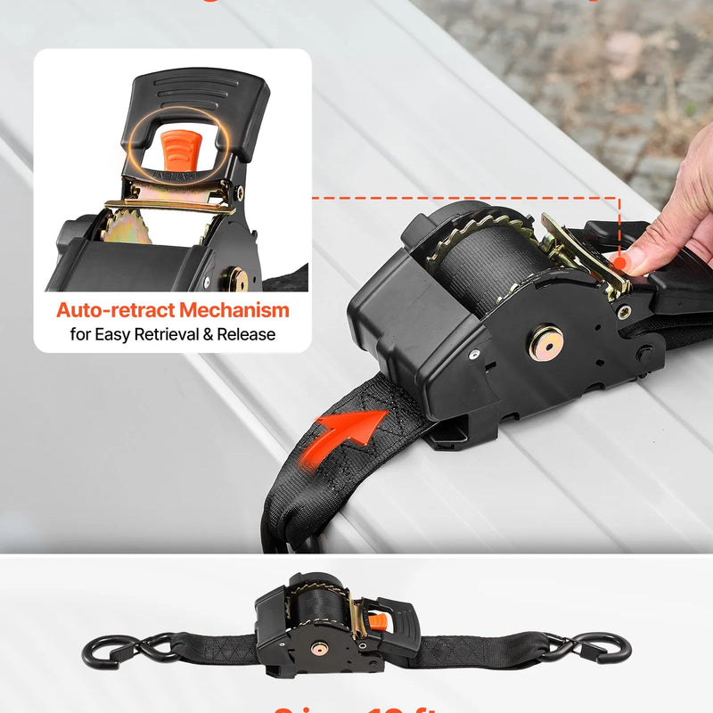 VEVOR ievelkamas sprūdrata stiprinājuma siksnas, 50,8 mm × 3 m, ar S veida āķiem, pārrāvuma izturība 1375 kg, 2 mīkstās cilpas, kravas nostiprināšanai pārvadāšanā, piekabēs, motocikliem, kajakiem un uz auto jumta, 2 gab. komplekts