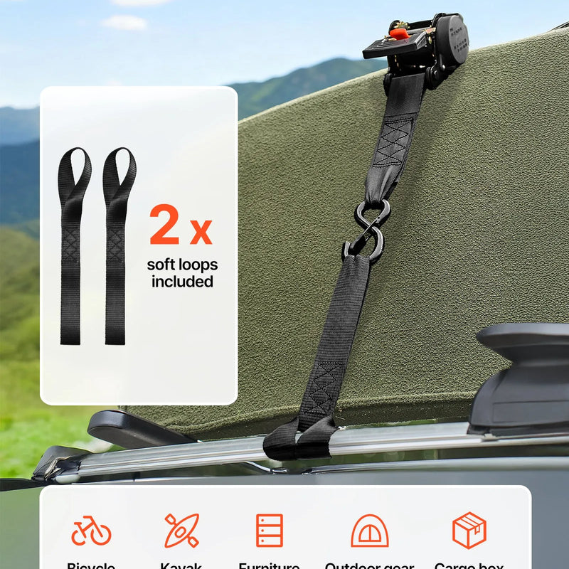 VEVOR ievelkamas sprūdrata stiprinājuma siksnas, 50,8 mm × 3 m, ar S veida āķiem, pārrāvuma izturība 1375 kg, 2 mīkstās cilpas, kravas nostiprināšanai pārvadāšanā, piekabēs, motocikliem, kajakiem un uz auto jumta, 2 gab. komplekts