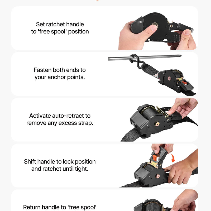 VEVOR ievelkamas sprūdrata stiprinājuma siksnas, 50,8 mm × 3 m, ar S veida āķiem, pārrāvuma izturība 1375 kg, 2 mīkstās cilpas, kravas nostiprināšanai pārvadāšanā, piekabēs, motocikliem, kajakiem un uz auto jumta, 2 gab. komplekts