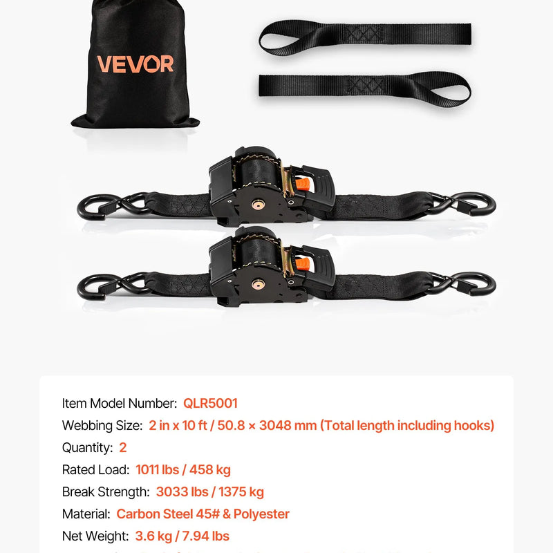 VEVOR ievelkamas sprūdrata stiprinājuma siksnas, 50,8 mm × 3 m, ar S veida āķiem, pārrāvuma izturība 1375 kg, 2 mīkstās cilpas, kravas nostiprināšanai pārvadāšanā, piekabēs, motocikliem, kajakiem un uz auto jumta, 2 gab. komplekts