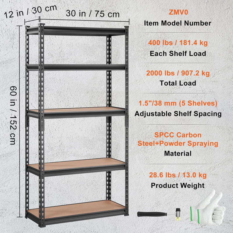 Regulējama 5 līmeņu metāla uzglabāšanas plauktu sistēma, melna, 900 kg, 76 × 30 × 152 cm